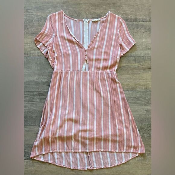 Le Lis womens size large peach/white striped short sleeve mini dress button neck - Picture 1 of 8